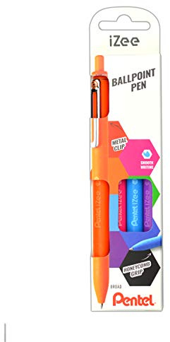 Pentel BX470-4COL Kugelschreiber iZee, Druckmechanik, Metallclip, 0, 5 mm Strichstärke, 4er Set: Orange, hellblau, pink, violett