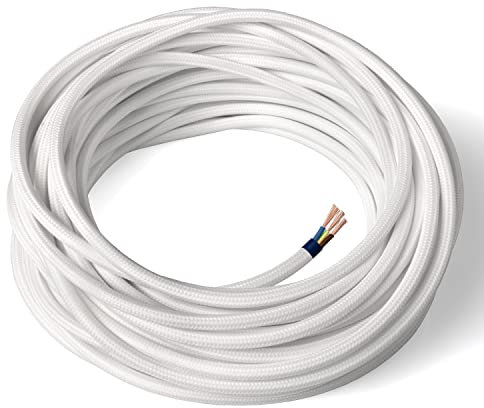 Amarcords - Câble électrique textile couleur BLANC, rond, soie, 10 mètres, avec mise à la terre 3x0,75 - Fil vintage en tissu coloré, pour lampes, lustres, appliques et abat-jours.