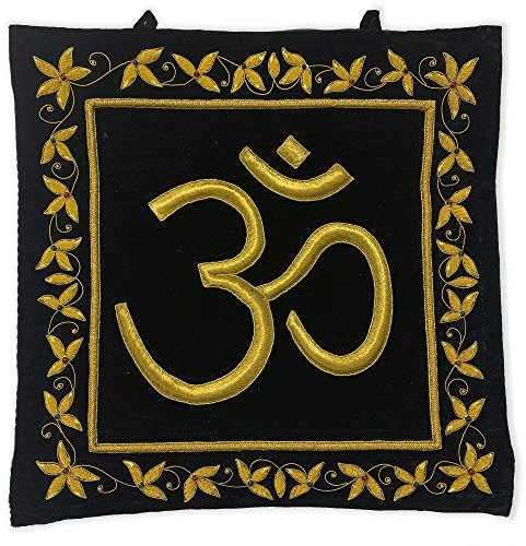 Snadi Indischer Wandteppich, Om, 60 x 60 cm, handgefertigt, Samt, bestickt mit goldfarbenem Metallfaden.