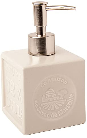 Maison du Savon - Keramik-Seifenspender-Pumpe – Weiß/Elfenbeinfarben – Pumpkopf aus gebürstetem Aluminium – fasst 300 ml Flüssigkeit, Handwäsche.