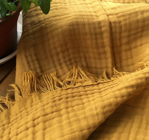 KyraHome 100% Bio-Baumwolle, 152,4 x 203,2 cm, große Musselin-Überwurfdecke, Pflanzlich handgefärbt, vorgewaschen, atmungsaktiv, weich, gemütlich, leicht, mit Fransen, für 4 Jahreszeiten, senfgelb