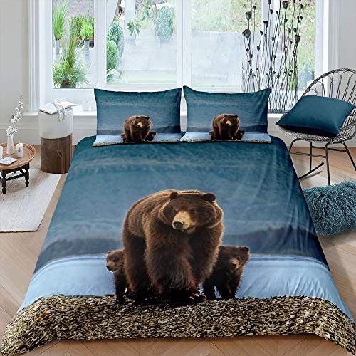 Tbrand Wildlife Animal Theme Bettwäsche-Set Schneeberg 135x200cm Bär Mutter Baby Bär Betten Set für Kinder Jungen Mädchen Teenager 2St.Reißverschluss Mikrofaser