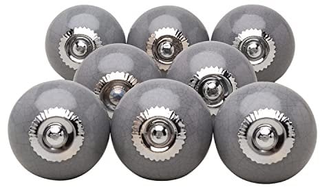 G Decor Dark Grey Crackle Handmade Design Round Ceramic Door Knobs, Vintage, Shabby Chic, Interior Furniture, Cabinet Wardrobe Cupboard Drawers Pulls Handles (8-Pack)