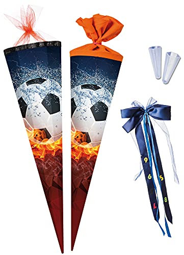 Nestler Schultüten-Set zum Befüllen, Handgemachte Zuckertüte aus Karton - Motiv Fußball 2017, inkl. Spitzenschutz, Schleife (100 cm 12-eckig)