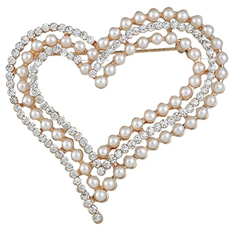 Broche élégante en forme de cœur avec perles et strass pour robe, chapeau, châle, écharpe, décoration