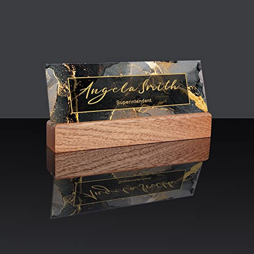 NP Office Desk Name Plate Personalized | Custom Name Plates for Desk | Unique Gift | Wood & Acrylic Holder | Luxurious Marble Style | Black & Gold