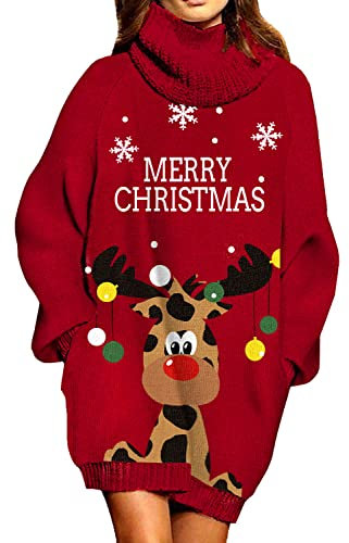 Viottiset Damen Lockeres Übergroßes Langes Pulloverkleid Rollkragen Gerippt Grobstrick Weihnachten Rot-Rentier Bunt M