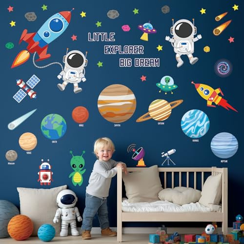 DECOWALL Outer Space Planets and Astronaut Wall Stickers Decals (DS9-8058) | Colourful planets, rockets, astronauts, UFOs and stars; peel and stick removable décor for nursery, bedroom or playroom