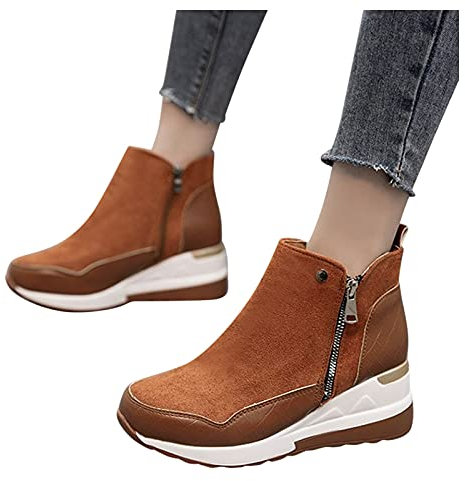 FGUUTYM Stivali da Donna Con Tacco Nero - Corti Scarpe Basse Con Zeppa Casual Con Cerniera Laterale Antiscivolo, Marrone, 39 EU