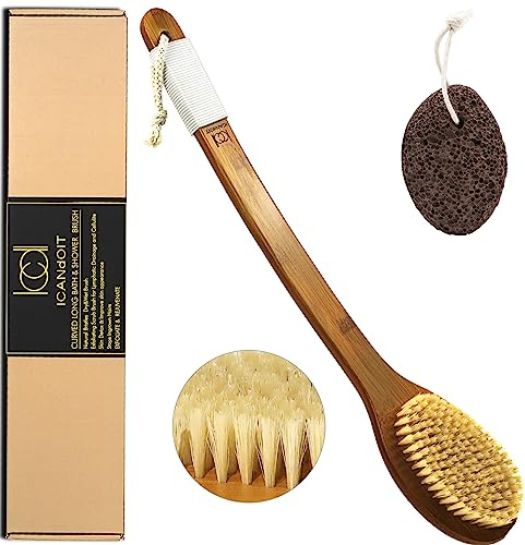 ICANdOIT-17.71Inch Natural Boar Bristles Anti-Slip Long Handle Bath Brush,Bent Handle Shower Scrubber for Exfoliating,Shower Back Brush,Exfoliation Set with Pumice Stone (1 Pack)