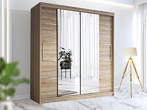 RAC3 Wardrobes for Bedroom with Mirrored Sliding Door & LED Light Premium Wardrobe Storage with Sleek Design comes in Colours Black/White/Grey/Oak- Different Sizes from 150cm - 250cm (Oak, 150cm)