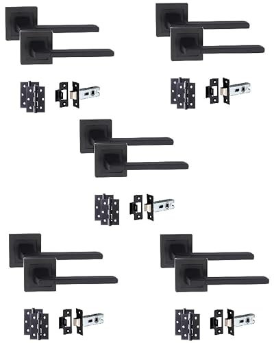 Golden Grace Aztec Design Straight Door Handles on Square Rose in Matt Black Finish with 1 Pair of 3 Ball Bearing Hinges & Tubular Latch - 5 Sets