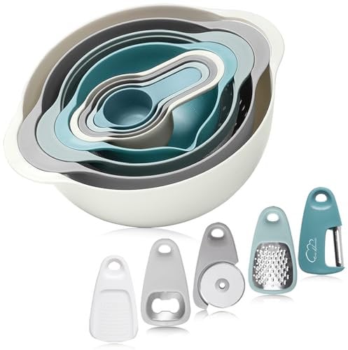 Esie Houzie Mixing Bowl Set of 13- Nesting Plastic Mixing Bowls for Baking Includes 1 Colander,1 Sieve,2 Mixing Bowls,4 Measuring Cups & 5 Stackable Gadgets for Baking Salad Food Prep