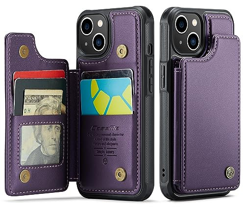 UEEBAI Wallet Case for iPhone 13 6.1 inch, RFID Blocking Card Slots Flip Case PU Leather Kickstand Folio Case Magnetic Clasp Cover Shockproof Case for Men - Purple