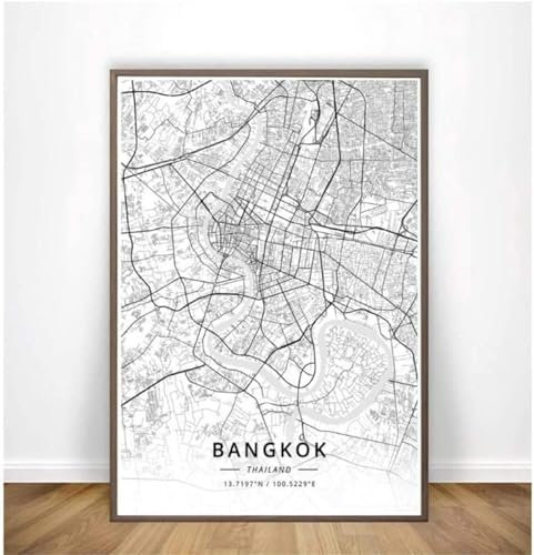 FURLOU Kunstposter und Drucke, Bangkok, Thailand, moderner Stadtplan, Leinwandgemälde, Kunstdruck, Heimdekoration, Poster, 50 x 70 cm, ohne Rahmen