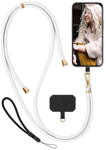 moex Unleash für Google Pixel 8 Pro Handyband zum Umhängen ohne Hülle, Handykette Universal mit Karabiner, Handy Band abnehmbar, Kette mit Pad für Handyhülle, Weiß, Gold