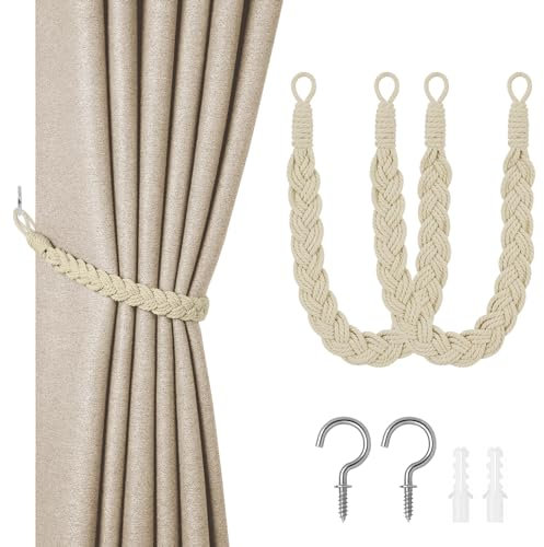 HOTUT Vorhang Raffhalter, 2 Stück Curtain Rope Buckle, Handgestrickte Vorhang-Raffhalter, Vorhangbinder, Gardinen Raffhalter für Haus Office, Wohnzimmer, Schlafzimmer-Beige