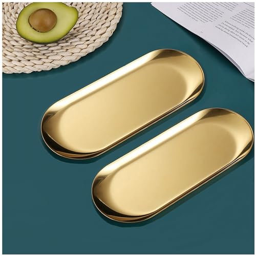 Pack of 2 Tablett Gold - Dekotablett Gold - Golden Deko Servierplatten, Kleines Spiegel Edelstahl Tablett ,FüR Lebensmittel, Schmuck, Kosmetik, Kerzen, Handtuch (Oval, XL, 23x9.5cm)