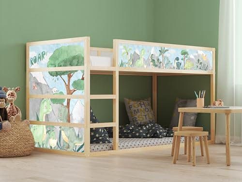 Aufkleber passend für Ikea KURA Bett süße Dinos Dinosaurierset mit Naturlandschaft Spielzimmer Deko Bettaufkleber KB3030 (Sticker-Set 5tlg.)