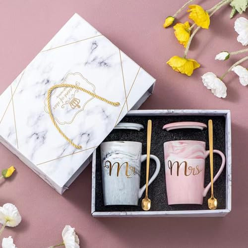 BEVKAF Mr and Mrs Mugs, Mr and Mrs Gifts for Couple, Gifts for Couple Engagement Bride and Groom Ceramic Mugs, Coffee Cups Set (14Oz)