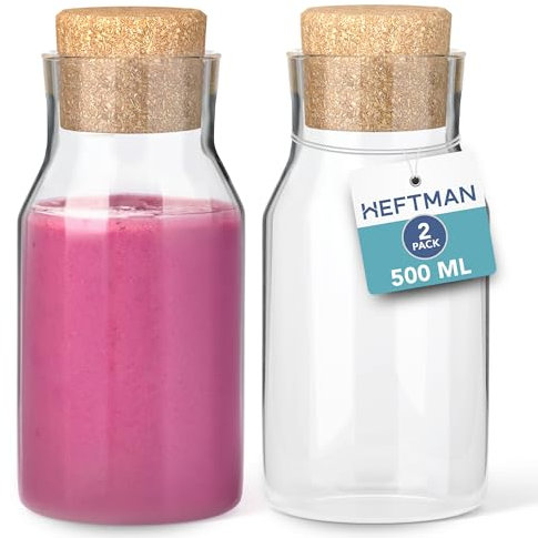 HEFTMAN Botella Cristal 500ml - Paquete de 2 Jarra de Agua con Tapa de Corcho, Botellas de Cristal para Agua Transparente para Bebidas Frías y Calientes, Tarros Suavizantes de Tela Reutilizables