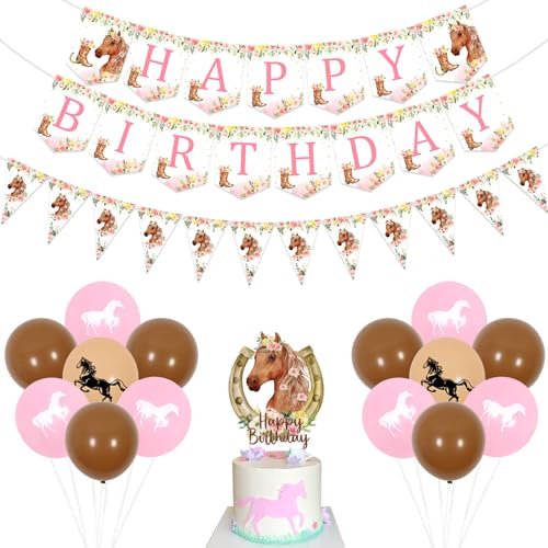 Jollyboom Kindergeburtstag Deko Pferde Mädchen, Pferd Geburtstag Deko, Pferd Happy Birthday Banner Rosa Floral Wimpelkette Geburtstag, Pferde Luftballons Cake Topper für Pferderennen Geburtstag Party