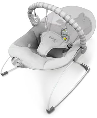 Asalvo MUMMY - Amachita musicale dalla nascita, Balancin per bambini, pieghevole compatto, reclinabile con una sola mano, movimento naturale, arco con giocattoli, facile da pulire, Hippo grigio