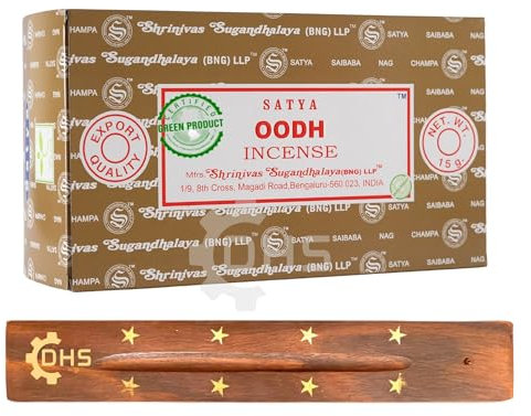 Satya Nag Champa Oodh Incense Sticks | FULL BOX OF 12 | with DHS Incense Stick Holder | Aromatherapy, Yoga, Meditation, and Relaxation