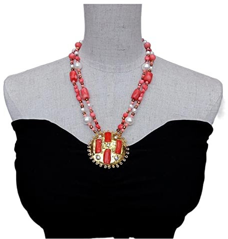 UQYORVFDW Collana di corallo rosa con perle bianche coltivate a 2 file Ciondolo grande con perle di corallo arancione