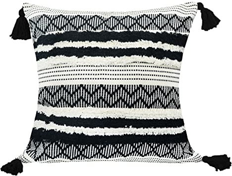 LIGICKY Boho Kissenbezug Büschelige Dekorative Kissenbezüge Getuftet Weich Kissenhülle mit Quaste Baumwolle Kissen Boho für Sofa Couch Schlafzimmer Wohnzimmer Büro Auto, 50 x 50 cm, Schwarz und Weiß