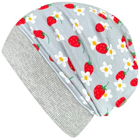 Wollhuhn ÖKO Leichte Mädchen/Jungen Beanie-Mütze Bündchen Elastisch Übergangszeit/Sommer Kinder-Mütze Baumwolle (Öko-Stoffe, Bio) 22222235 (Erdbeeren Grau/Rot, S)