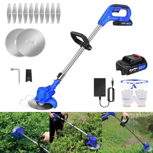 Akku Motorsense 2 in1 Akku Rasentrimmer Kantenschneider Rasen Akku Trimmer Elektro mit Akku, Ladegerät, 10x Metall Messer, 2X Kreissägeblatt und Teleskopstange für Garten, Hof