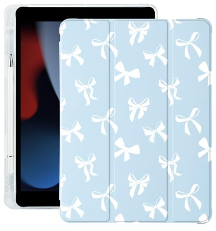 Schutzhülle für iPad 5./6. Generation, mit Stifthalter, automatische Ein-/Ausschaltfunktion, blaues Leder, weiche TPU-Rückseite, für iPad 24,6 cm (9,7 Zoll), süße Kawaii-Schleife