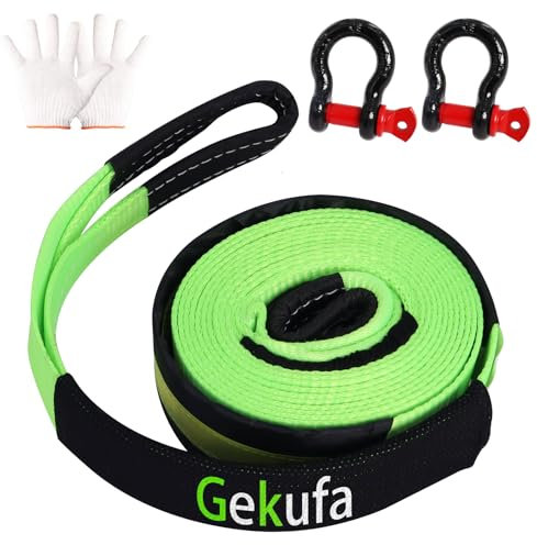 Gekufa Corde de remorquage pour voiture - 5 m x 5 cm - 10 tonnes - Kit avec 2 crochets renforcés et bandes réfléchissantes - Pour récupération hors route (vert)