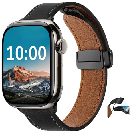 SeNool PU Lederarmband für Apple iWatch 46mm 42mm 44mm 45mm 49mm (Schwarz) | für Apple iWatch Ultra 3 2 1 SE 3 2 1 Series 11 10 9 8 7 6 5 4 3 2 1 Magnetverschluss PU Leder Uhrenarmband Ersatzarmband
