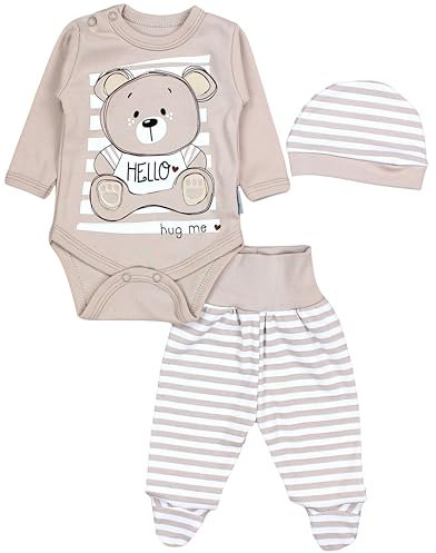 TupTam Baby Mädchen Jungen Bekleidungsset Langarmbody Hose Mütze mit Aufdruck Spruch 3 teilig, Farbe: Teddybär Beige, Größe: 56