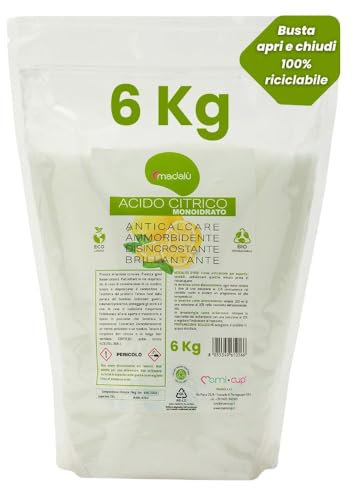 Acide citrique pour nettoyage en poudre (6 kg), soin lave-vaisselle et machine à laver, action détartrante et anticalcaire pour salle de bain, bac de toilette, assouplissant lave-linge, nettoyage