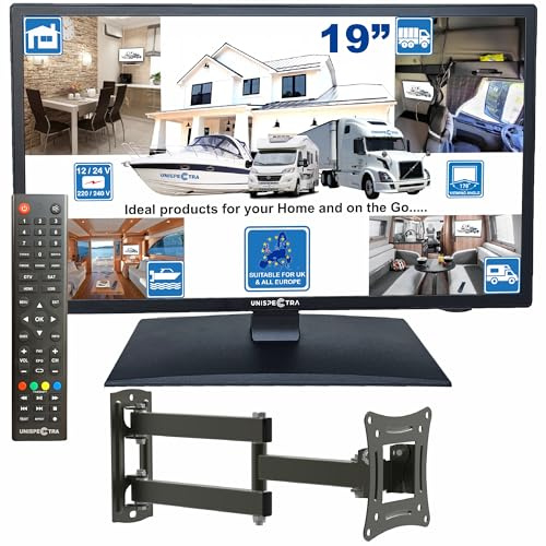Unispectra ® 19” ELED 240v (volt) 12v HD TV Freeview & SAT Tuner, 2x HDMI & USB. Small travel 12V TVs for Motorhomes, Campervan, Caravan TV, Camping, Truck, Lorry, Van, Boat, Kitchen