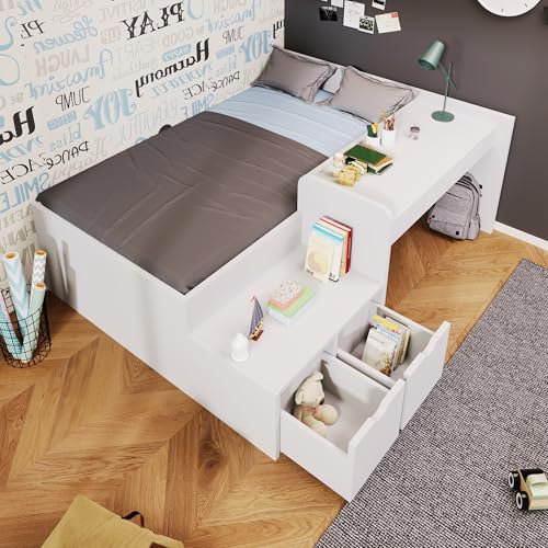 BTM Kids Single Bed with Desk and Drawers, Wooden Single Bed with Storage, Single Bed with Slatted Frame, Lying Surface for Teenagers & Adults, 3ft-90x190cm (No Mattress)