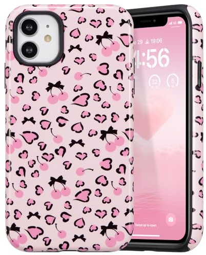 DEFBSC for iPhone 12/iPhone 12 Pro Case Cute Hybrid, Tiny/Glossy | Pink Bow Cherry Heart Print,Aesthetic Trendy Pattern for Women Girls,Slim Durable Bumper Shockproof Hard Back Phone Cover