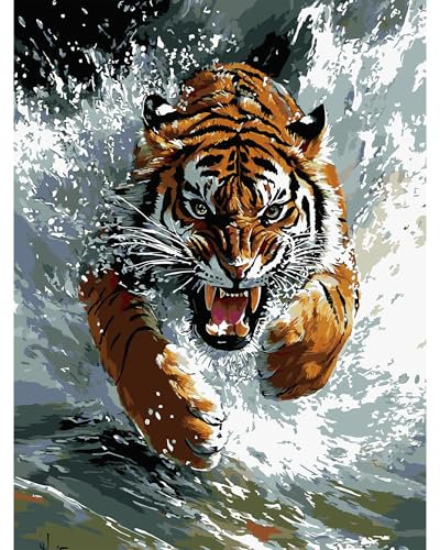 QENSPE Malen nach Zahlen Erwachsene, DIY Farbe Ölgemälde Set, Paint by Numbers Adult mit Farbe Leinen Leinwand mit Acrylfarbe und 3 Pinsel, Haus Wand Deko, 30x40cm - Tiger