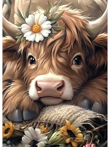 AIRDEA Hochlandkuh Diamond Painting Erwachsene, Gänseblümchen Diamant Painting Bilder, DIY 5D Bastelset Erwachsene Frauen als Haus Wanddeko 30x40 cm