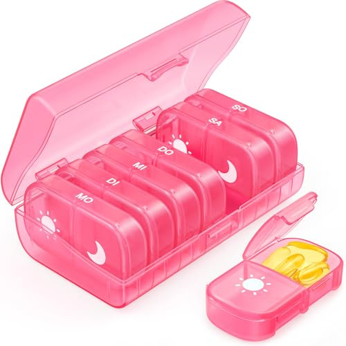 AUVON Tablettenbox 7 Tage Morgens Abends, Pillendose 7 Tage 2 Fächer, handlicher und feuchtigkeitsbeständiger Medikamentenbox für die Hand- oder Hosentasche, um Medikamente aufzubewahren (Rosa)