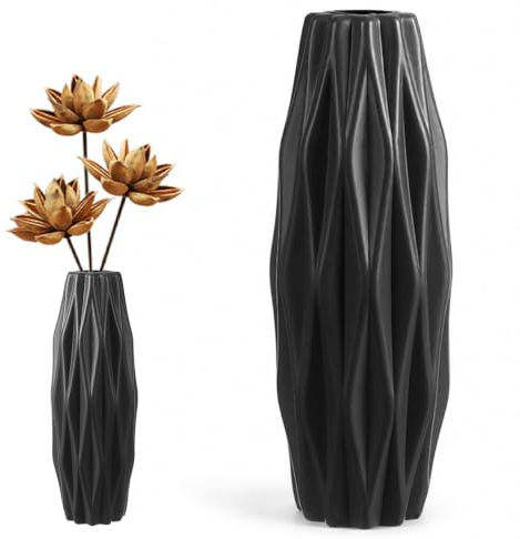 Kunststoff Vasen 2 Stück Imitation Keramik Schwarz | Bruchsicher und Robust, Leicht zu Reinigen, Beschwerbarer Hohlraum, für Trockenblumen Kunstblumen Zweige
