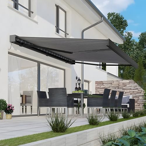 Primrose Electric Awning 3m Remote Control Deluxe Full Cassette DIY Patio Awning with Lights Gazebo Canopy Complete with Fittings and Winder Handle (Pin Stripe Grey)