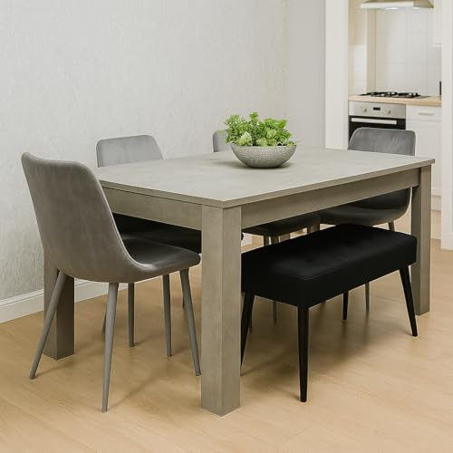 KOSY KOALA Dining Table and Chairs Set with 1 Black Velvet Bench - Stone Grey Kitchen Table with 4 Grey Velvet Dining Chairs - Modern 6 Seater Kitchen Room Furniture Set - 140 x 80 x 75 cm