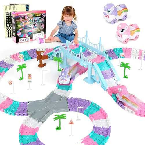 Autorennbahn ab 3 4 5 6 7 8 Jahre, Rennbahn Spielzeug Kinder | 3 jahre, Flexibles DIY Gleis-Set Flexible Rennstrecke von 2 Unicorn Cars (Autorennbahn Einhorn)