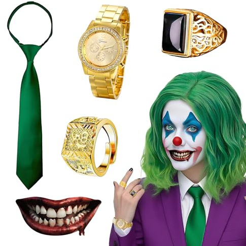Mprocen Erwachsene Gothic Clown Zubehör Set Halloween Horror Clown Kostüm Zubehör Set enthält Tattoo Aufkleber Perücke Uhr Geeignet für Halloween Bösewicht Kostüme und Aufführungen
