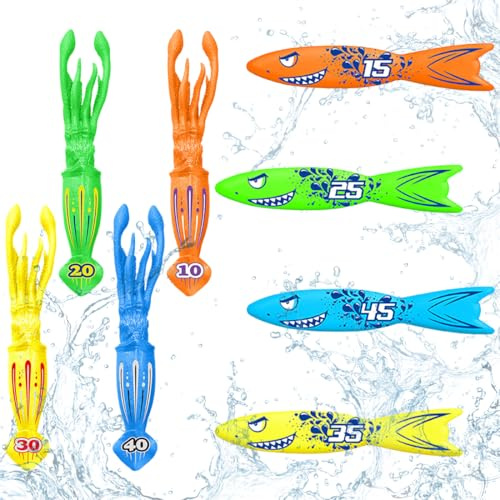 DOKRIN Tauchringe & Spielzeuge,Wasserspielzeug Kinder,Wasser Spielzeug für Swimmingpool, 8-teiliges Tauchspielzeug mit flachen Torpedo-Tintenfischen als Geschenk für Kinder im Sommer-Poolparty