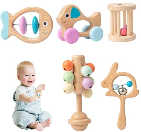 5pcs/Set Holzbaby Rassle 5 lustige Stile Baby Rasseln Frühes Bildungshölzer leicht zu reinigen Spielzeug für Säuglings Neugeborene Geschenk